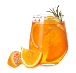 Glass of refreshing spritzer cocktail and orange slices with rosemary isolated on white
