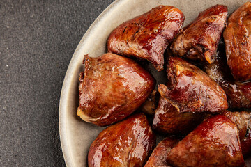 Heart turkey roasted offal poultry meat tasty snack fresh delicious gourmet food table background rustic food top view copy space