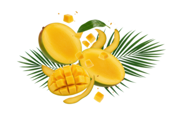 ultra-detailed, photorealistic still life of vibrant, juicy mango parts exploding in zero-gravity with emerald palm leaves on a transparent background, concept for fresh tropical advertisement