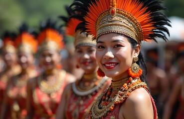 Fototapeta premium Asian women in traditional bright feathered headdresses and beaded necklaces participate in vibrant festival celebration. They wear ornate costumes in tropical outdoor setting with rich green foliage.