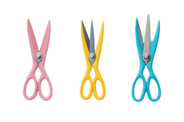 Colorful scissors in pink, yellow and blue aligned on colored background on transparent background