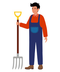 Farm worker. Professions collection. Man stands with garden fork in hand wearing blue overall and red shirt.