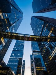 Fototapeta premium Dramatic low angle view of modern skyscrapers and a railway track converging towards the horizon