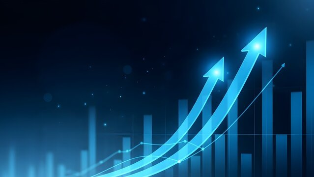 Dynamic growth chart with bright blue arrows and financial data visualization - Powered by Adobe