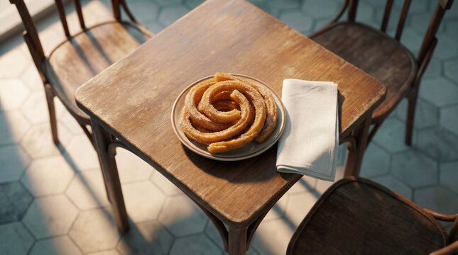 Antequera-style porras Spanish fried dough arranged neatly on a table of a caf&eacute;