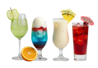five hyper-realistic, distinct summer mocktails (layered, frothy, clear) on a glossy white reflective studio surface with bright rim light and macro focus, concept for beverage advertising
