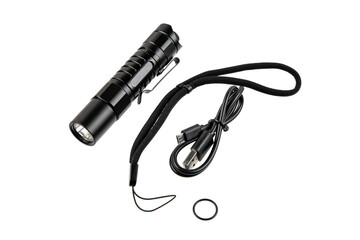 A tactical flashlight set including a black LED torch, USB cable, wrist strap, and O-ring.