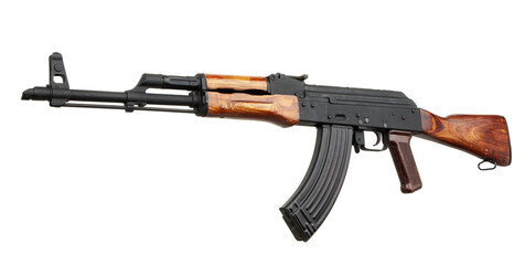 Classic Soviet-style assault rifle with wooden stock and black magazine on white back