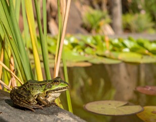 Green frog by water garden