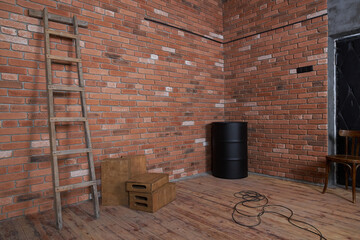 The interior of an old room with a brick wall. A wooden ladder is leaning against the wall