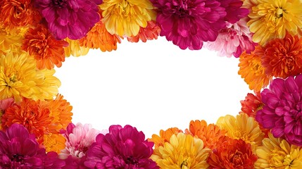 Colorful chrysanthemum floral frame with blank white center