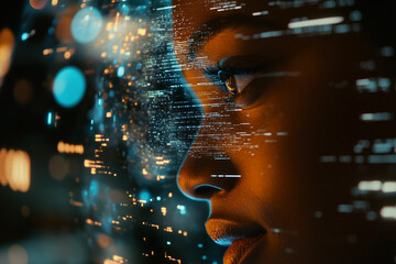 Interacting with digital holographic interface in futuristic virtual space innovation scene, generative ai