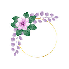 Watercolor floral wreath with pink and purple flowers, delicate leaves, isolated on a transparent background