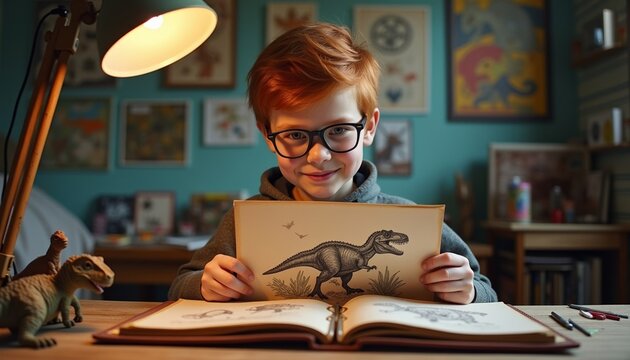 Young boy reading dinosaur book with joyful expression indoors - Powered by Adobe