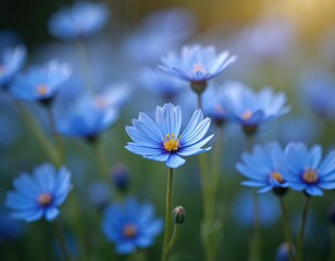 Field of bright blue flax flowers blooming under soft sunlight. Delicate petals and yellow centers. Gentle nature scene with green foliage background.