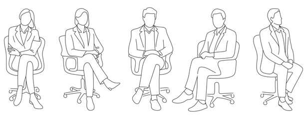 Line drawing of five people seated in office chairs facing forward
