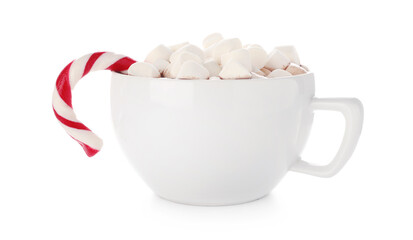 Tasty hot cocoa with marshmallows and candy cane isolated on white