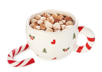 Tasty hot cocoa with marshmallows and candy cane isolated on white