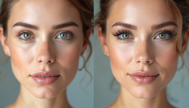 Woman face shows before and after eyelash extension application. Natural lashes on left, full volume lashes on right. Beauty enhancement for striking eyes.