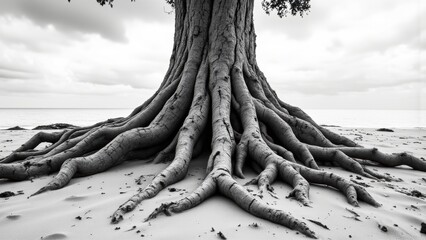 Exposed, aged tree roots emerge from pale sand. They reach upwards, stark against a muted sky and calm sea. The composition emphasizes vastness and quiet strength.