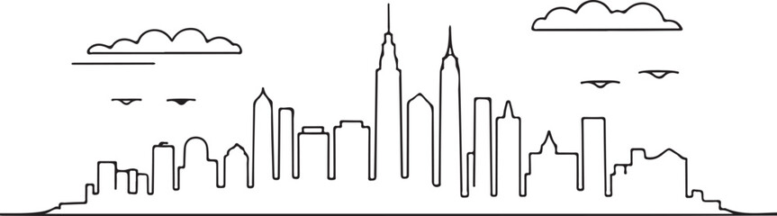 Continuous Line Skyline Featuring Alternating Tall Needle Towers Minimal Artistic Illustration