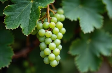Close-up of green grapes hanging on grapevine in Australia. Rich foliage frames ripe fruit, showcasing agricultural beauty and wine production. Scene radiates freshness and natural abundance.