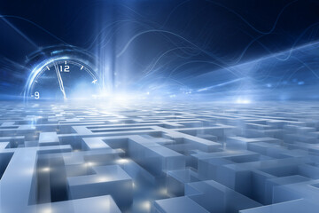 A complex maze symbolizes the challenges of time management, with a clock displaying 12:00, representing the need for effective planning and discipline to overcome obstacles