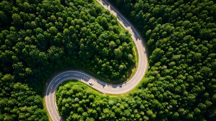 Winding Road Adventure, Scenic Route, Lush Forest, Aerial View, Nature, Journey Concept