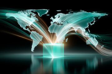 A glowing box represents the core of global trade, surrounded by flowing light patterns forming a world map. This signifies logistics, distribution, and international shipping