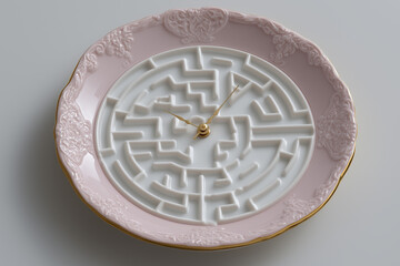 A unique plate styled like a maze incorporates a clock, symbolizing the discipline of planning meals for a healthy lifestyle. This creative design promotes wellness and effective time management