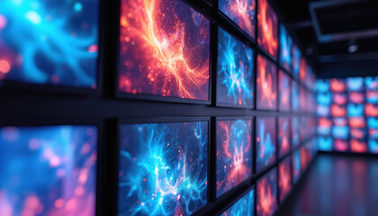 A futuristic multimedia wall displays vibrant digital streams and glowing patterns. Multiple screens create a mesmerizing visual effect, suggesting advanced technology and communication.