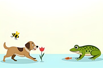 Obraz premium Dog, Frog, Bee, Fish: Whimsical Animal Illustration