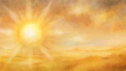 Fotobehang Meloenkleur Shining desert landscape golden beige orange tones hot sun sky rays light illuminating sand dunes watercolor texture background  © Volodymyr