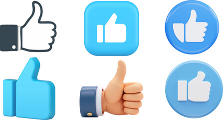 Obraz premium 3D and Flat Thumbs Up Icon Set, Blue Social Media Like Buttons and Hand Gestures Collection