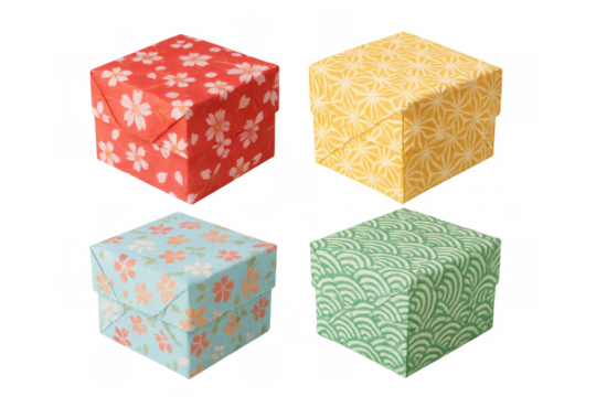 Japanese origami boxes with traditional washi paper patterns like sakura, seigaiha, and asanoha, transparent background - Powered by Adobe