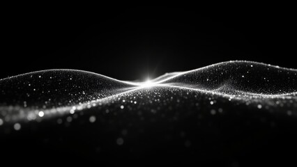 A digital wave of light particles rises from a dark background, creating a sense of upward motion and depth. Stark contrast and blurred edges evoke a technological feel.
