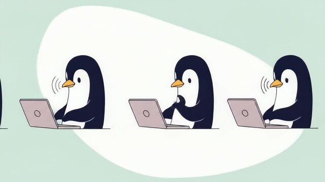 Animated Cartoon Penguins Working Diligently on Laptops.