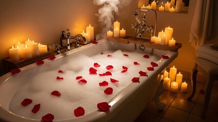 Romantic Bubble Bath with Rose Petals and Candles for Luxury Spa Relaxation.