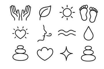 Serenity Icon Set. Calm Acceptance linear set: open hands, soft leaf, gentle glow, flowing lines, peaceful circle, steady steps, warm heart, calm breath icon, soothing wave,