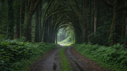 Obraz premium Serene forest path lined with moss-covered trees forming a natural tunnel in sunlight