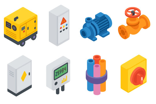 Utility System Icons. Utility System Components isometric flat set: generator unit, switchgear panel, water pump, pipeline check valve, telecom box, energy monitor, conduit bundle,