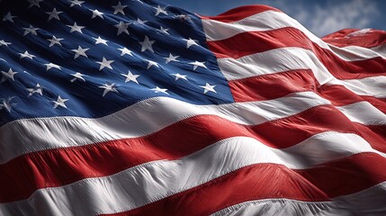 Magnificent flag of the United States of America waving under the blue sky symbol of freedom patriotism and national dignity. Red and white stripes blue, canton with 50 stars
