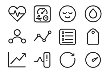 Wellness Monitoring Icons. Wellness Monitoring Solutions linear set: heart-rate bar, respiration gauge tile, sleep tracker node, mood log dot, hydration meter ring, activity flow