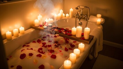 Romantic Candlelit Bubble Bath with Rose Petals for Relaxation and Luxury Spa Experience.