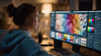 Female designer working with color palettes on large monitor, ambient LED office lighting, ultra realistic texture and grain, Canon EOS R5, 85mm f/1.2