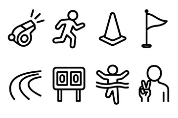 Race Icons Set. Outdoor Competition linear set: starting whistle, competitor silhouettes, obstacle marker, race checkpoint flag, outdoor track curve, score tally board, finish