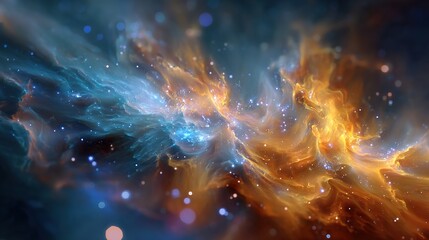 Abstract cosmic nebula image with dynamic streams of glowing orange and blue space dust, starry particles and bokeh effect, ideal for futuristic science fiction themes