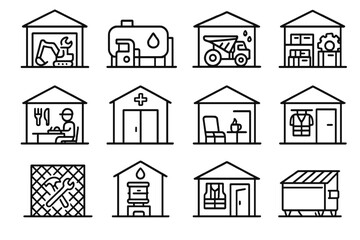Fototapeta premium Support Facilities Icons. Mining and Construction Support Facilities linear set: maintenance workshop, fuel depot, equipment wash bay, parts storage, worker canteen, first aid