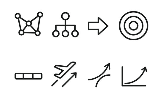Mobility Framework Icons. Operational Mobility Framework linear set: mobility network map, asset coordination node, directional command arrow, capability tier ring, mobility