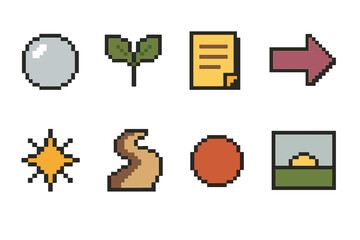 Personal Vision Icons. Personal Vision Development pixel style set: reflective bubble, growth leaf, intention note, purpose arrow, insight spark, guided path, aspiration dot,